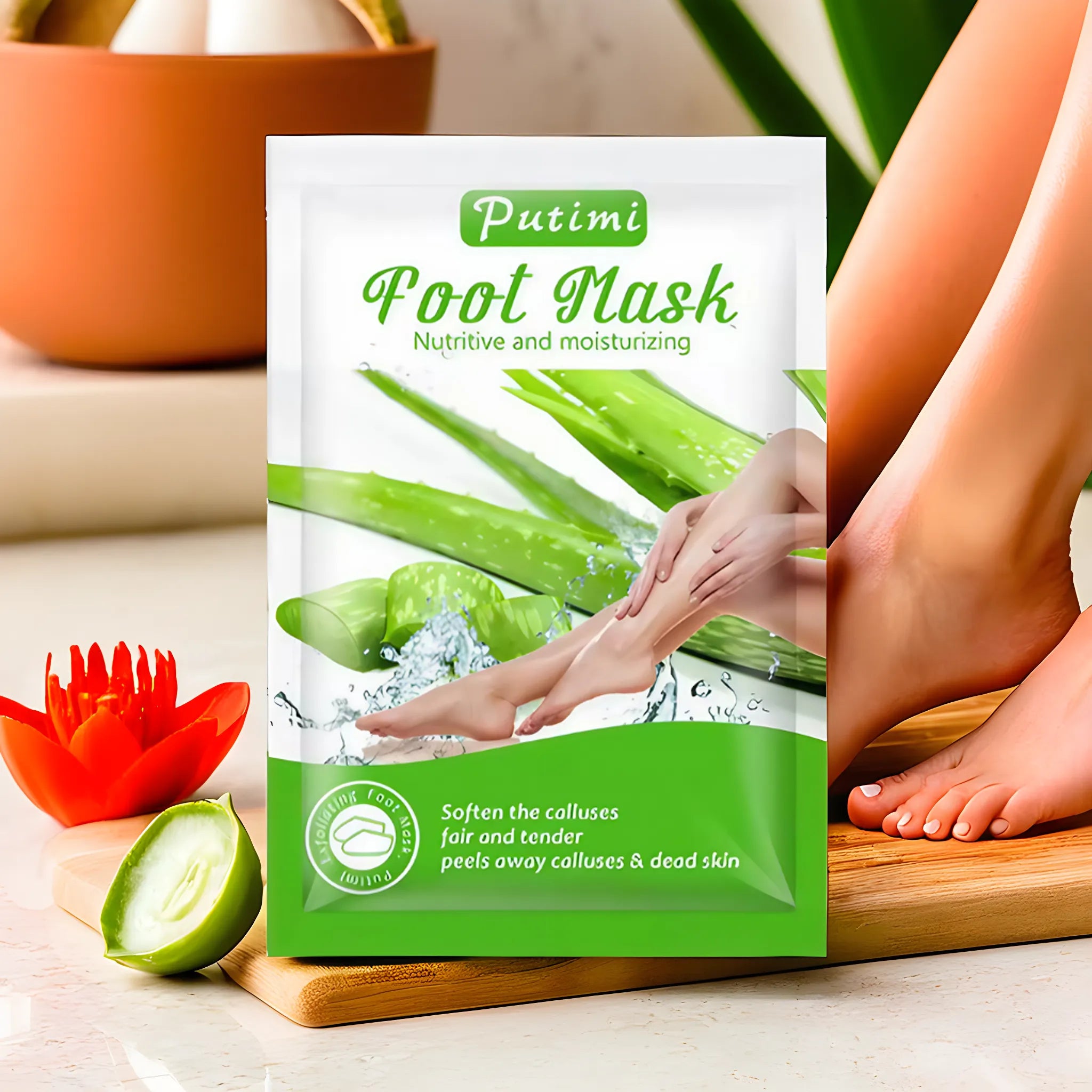 Masque exfoliant pour pieds à l’aloe vera